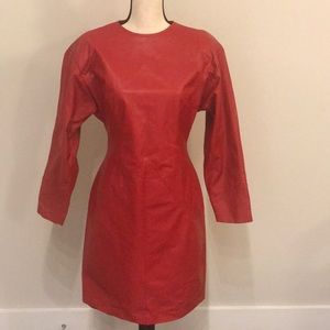 A Red Long Sleeve Mid Length Genuine Leather Dress